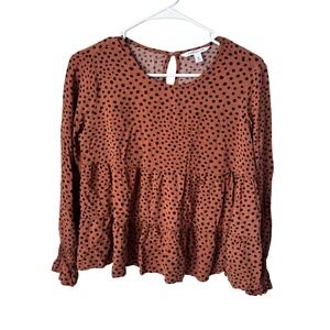 POPSUGAR Womens Rust Polka Dot Tiered Babydoll Blouse Long Sleeve Smocked Cuff S